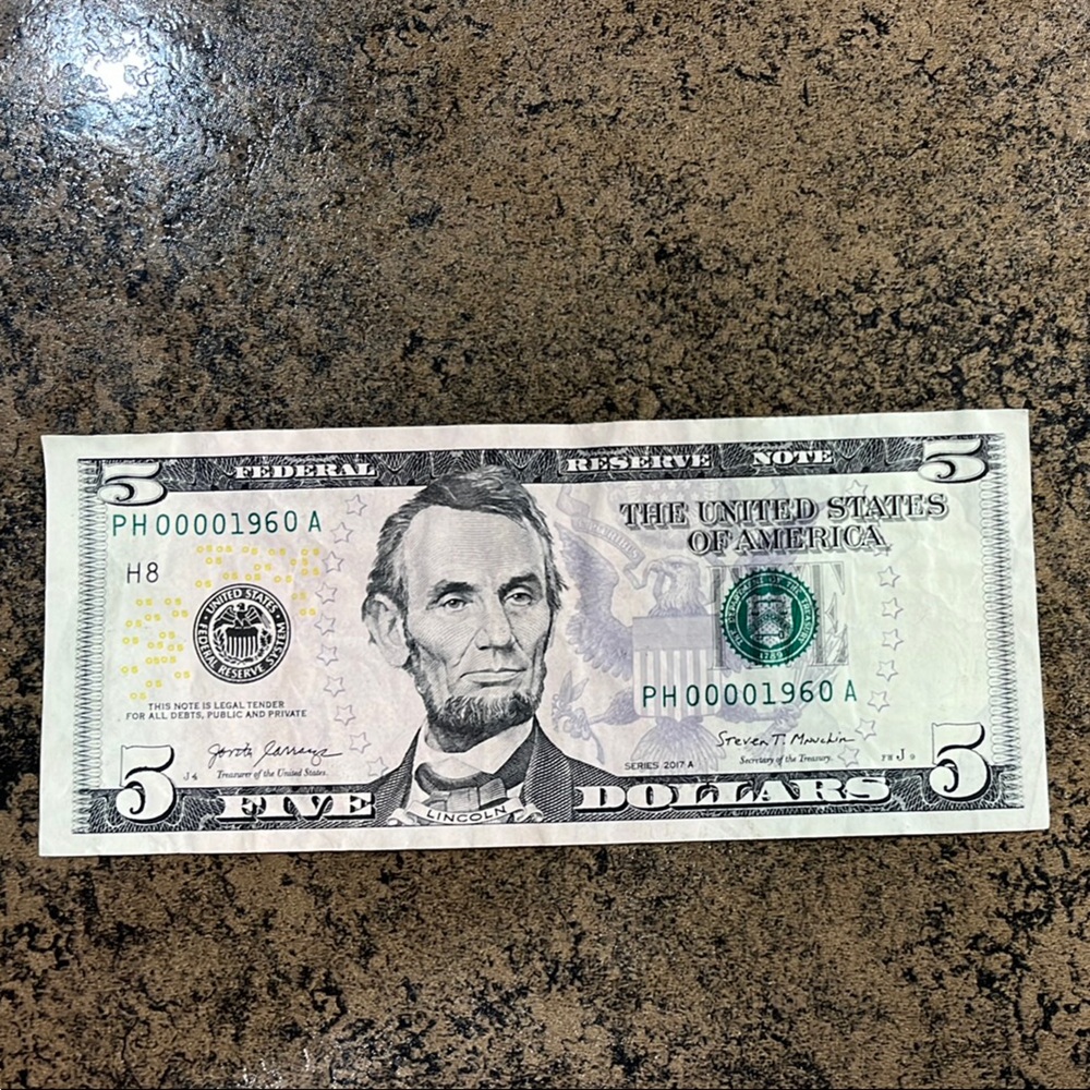 2017A Five Dollar Bill special Serial Number.  PH 00001960 A